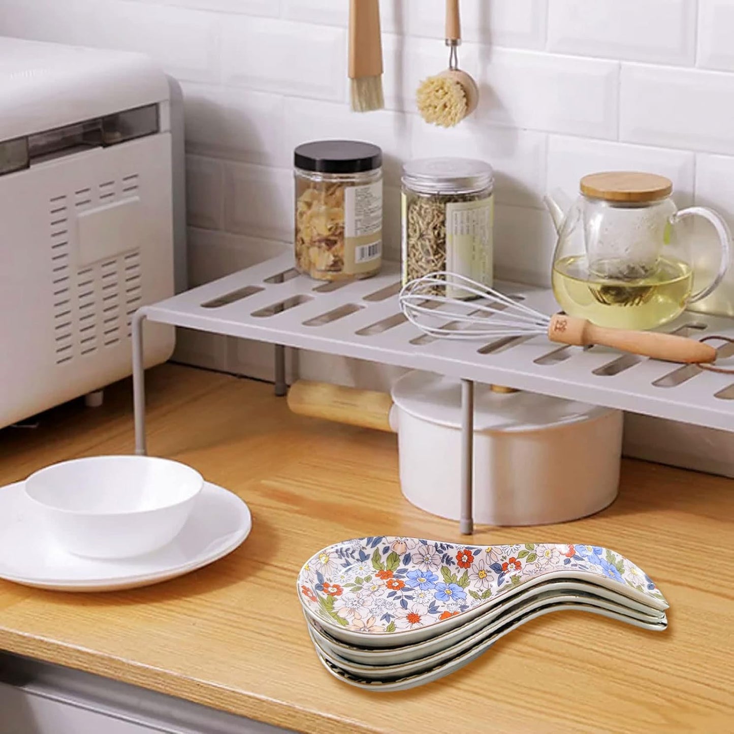 Floral Ceramic Spoon Rest 8.5 Inch Kitchen Utensil Holder Decorative Spoon Tray Easy Clean Microwave Oven Dishwasher Safe