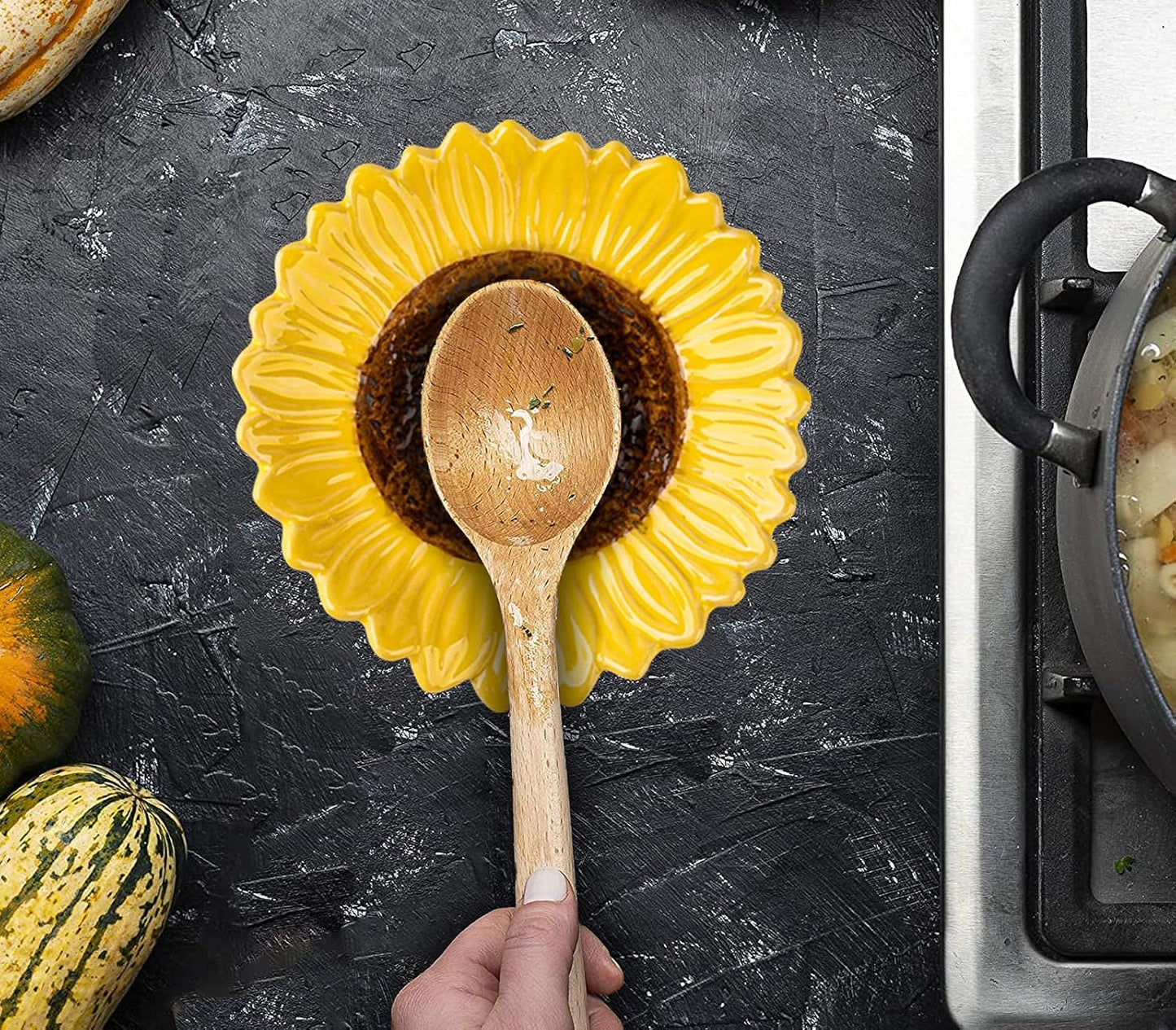 Set of 2 Sunflower Ceramic Spoon Rests 5.1 Inch Floral Utensil Holders Multi-Purpose Kitchen & Table Trays