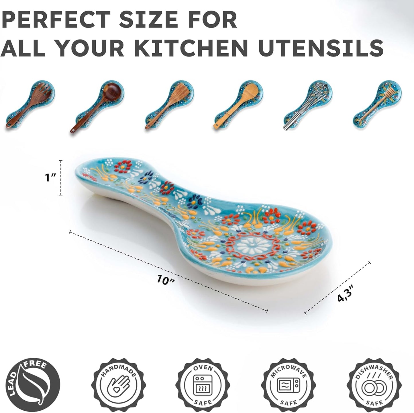 Handmade Ceramic Spoon Rest 10 Inch Colorful Kitchen Utensil Holder Painted Ceramic Tray Microwave Oven Dishwasher Safe