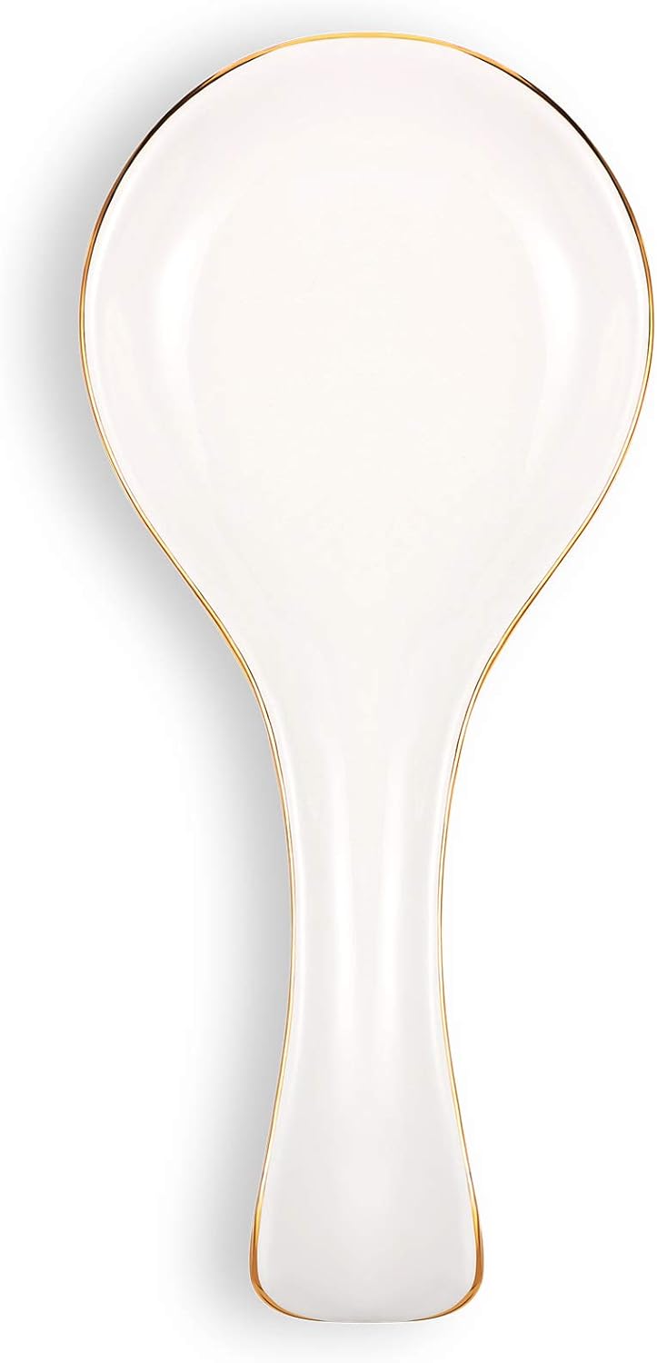 Long Ceramic Spoon Rest 8.7 Inch White with Gold Rim Utensil Holder Elegant Kitchen & Dining Tray