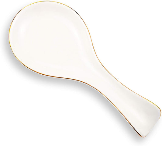 Long Ceramic Spoon Rest 8.7 Inch White with Gold Rim Utensil Holder Elegant Kitchen & Dining Tray