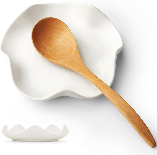 Large Ceramic Spoon Rest 5.3 Inch Wave-Edge Utensil Holder Multi-Purpose Tableware Tray