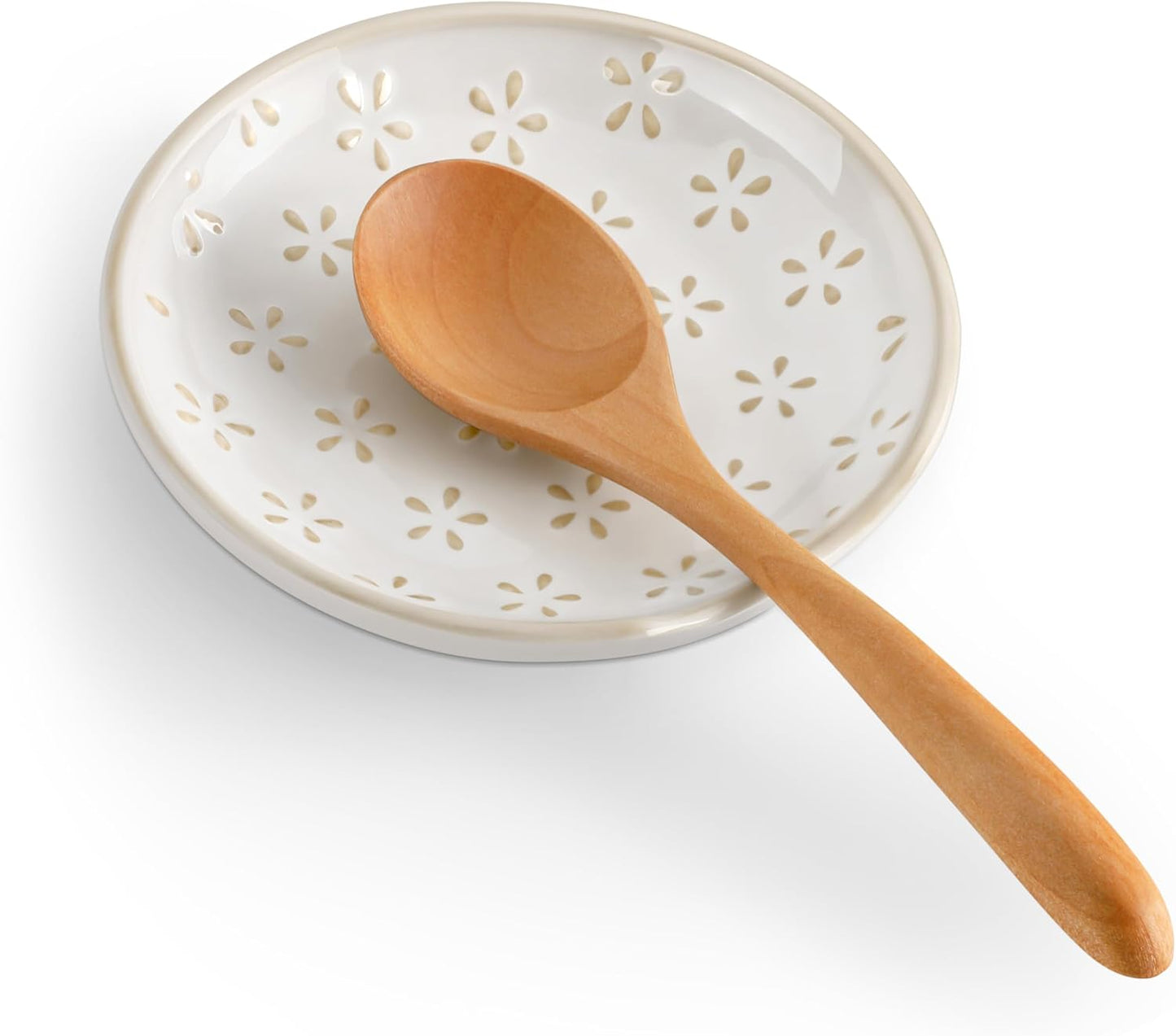 4.8 Inch Simple Floral Ceramic Spoon Rest Round Utensil Holder Multi-Purpose Kitchen & Table Dish