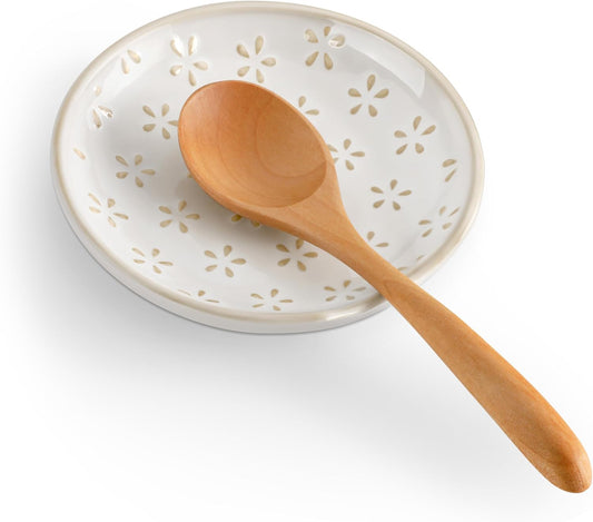 4.8 Inch Simple Floral Ceramic Spoon Rest Round Utensil Holder Multi-Purpose Kitchen & Table Dish