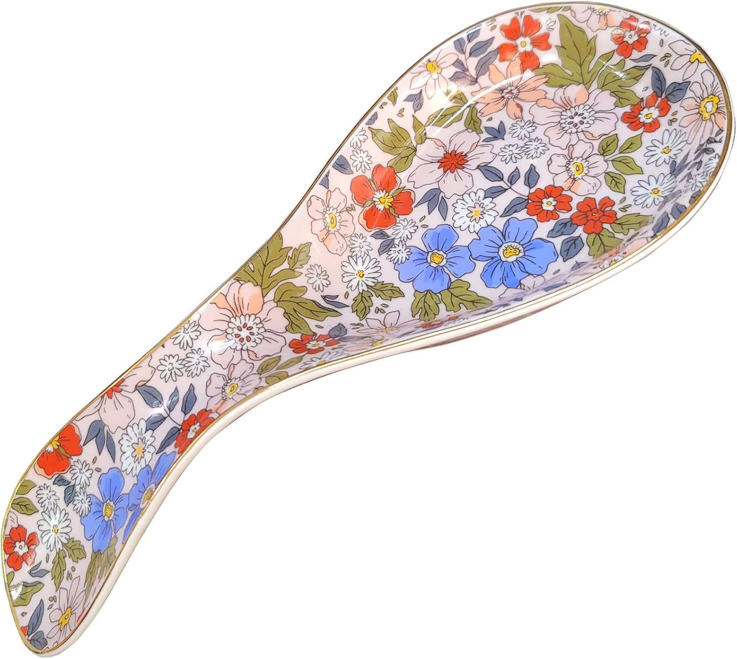 Floral Ceramic Spoon Rest 8.5 Inch Kitchen Utensil Holder Decorative Spoon Tray Easy Clean Microwave Oven Dishwasher Safe