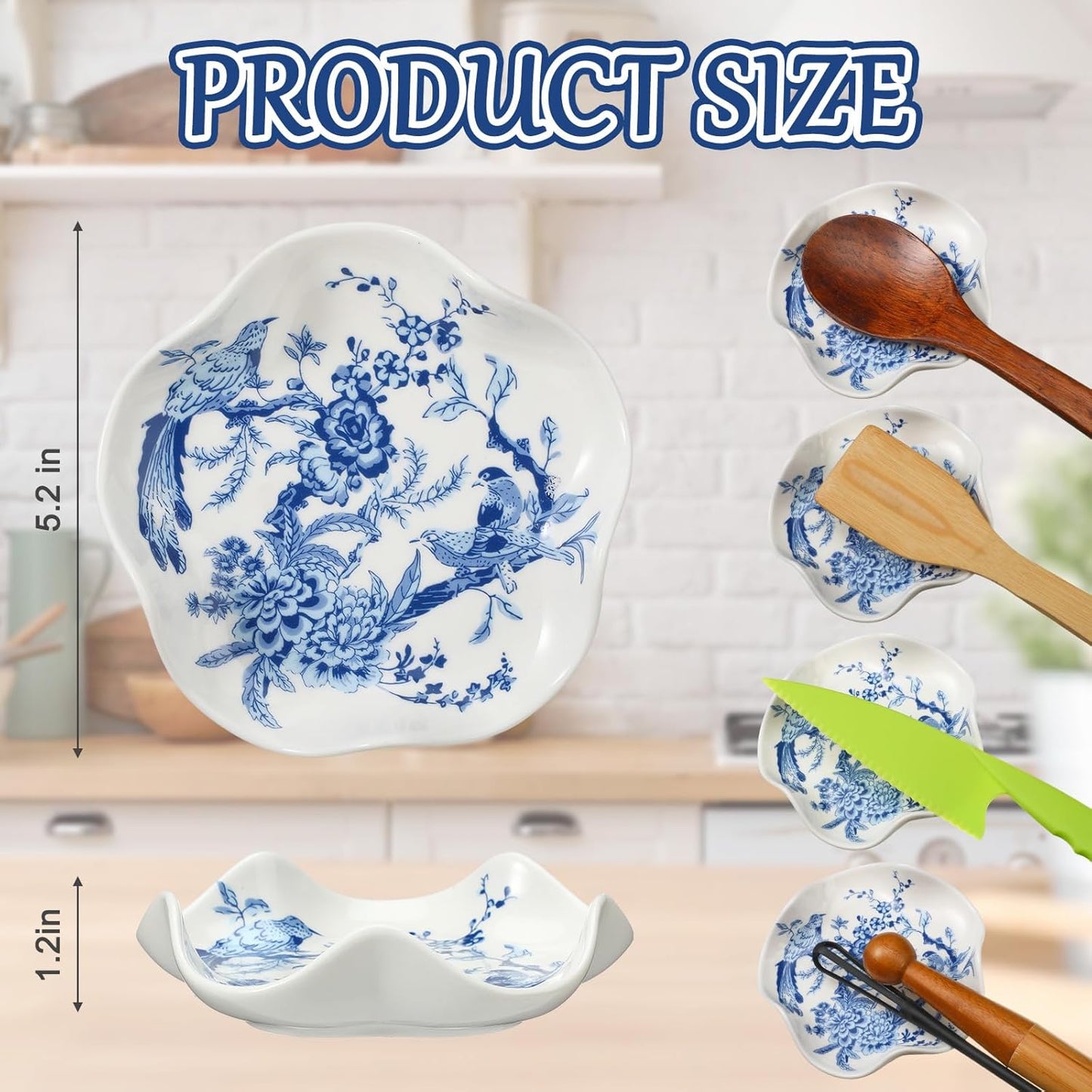 Blue and White Porcelain Ceramic Spoon Rest for Stove Top Elegant Utensil Holder for Kitchen Counter Cooking Spatula Rest Tableware Organizer