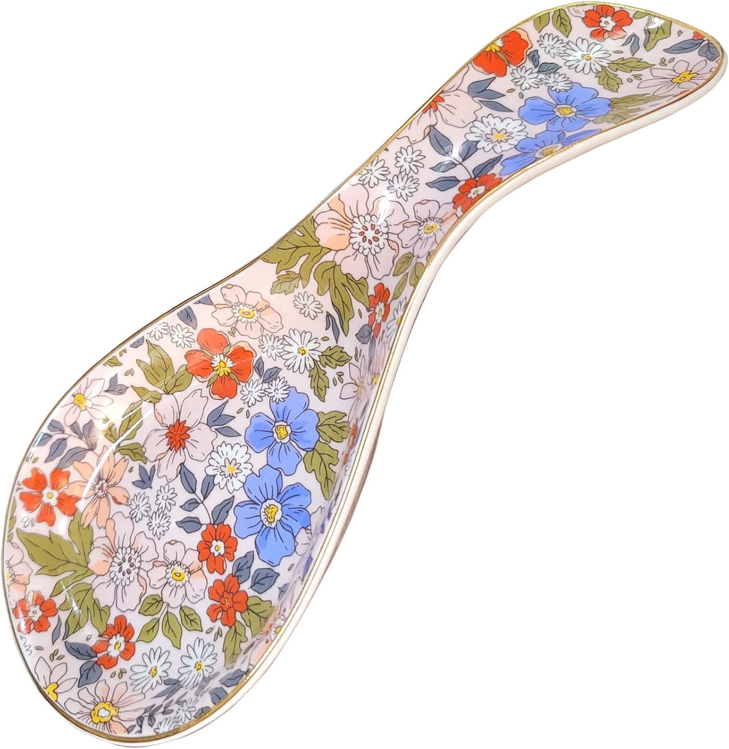 Floral Ceramic Spoon Rest 8.5 Inch Kitchen Utensil Holder Decorative Spoon Tray Easy Clean Microwave Oven Dishwasher Safe