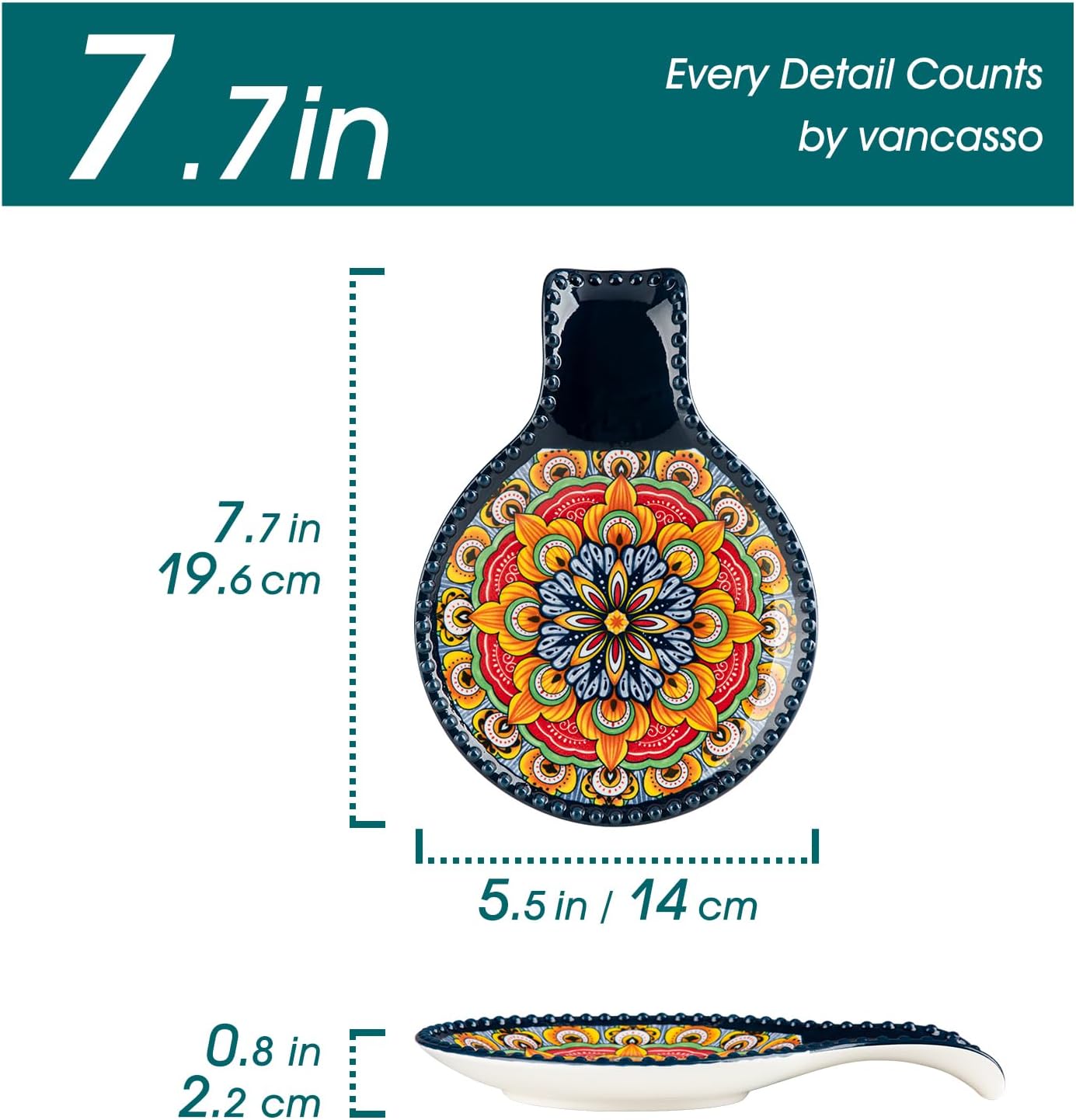 7.7 Inch Painted Ceramic Spoon Rest Mandala Design Multi-Purpose Utensil Holder for Kitchen & Dining
