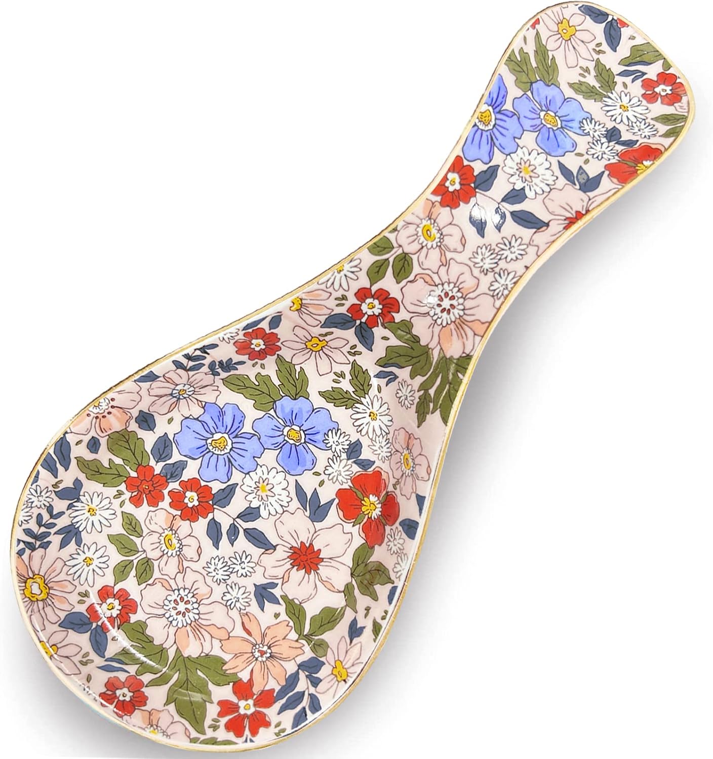 Floral Ceramic Spoon Rest 8.5 Inch Kitchen Utensil Holder Decorative Spoon Tray Easy Clean Microwave Oven Dishwasher Safe