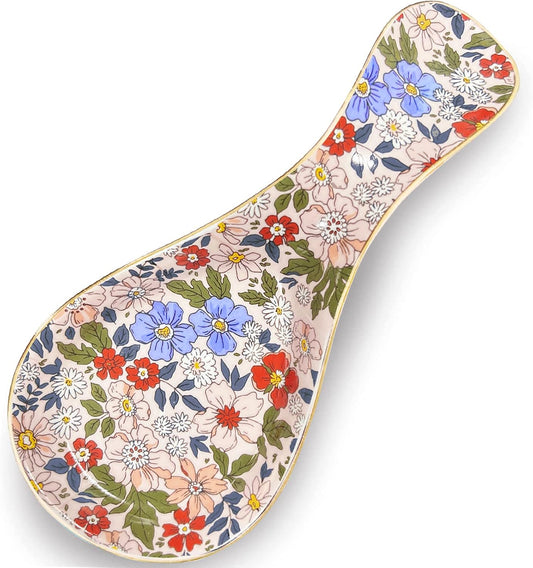 Floral Ceramic Spoon Rest 8.5 Inch Kitchen Utensil Holder Decorative Spoon Tray Easy Clean Microwave Oven Dishwasher Safe