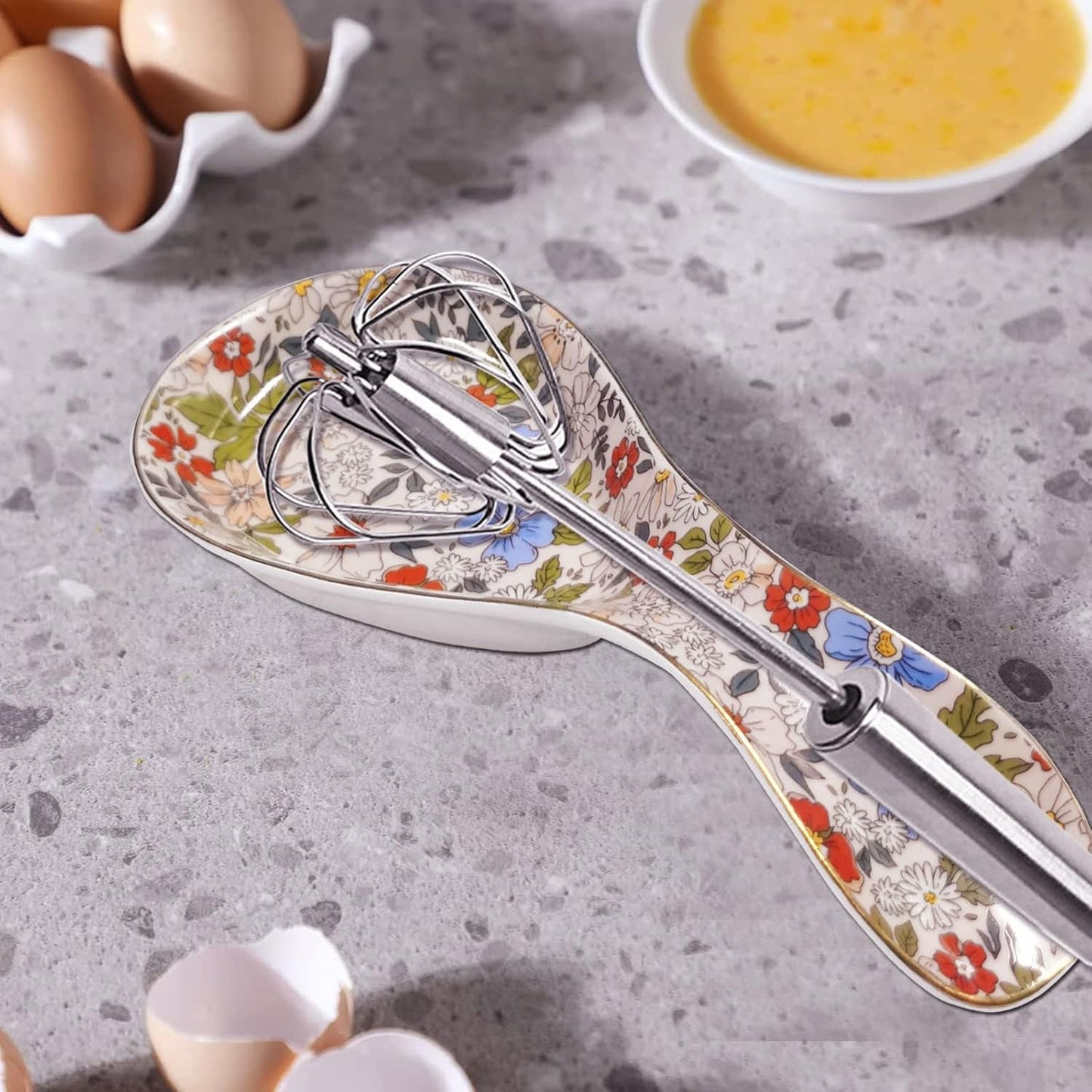 Floral Ceramic Spoon Rest 8.5 Inch Kitchen Utensil Holder Decorative Spoon Tray Easy Clean Microwave Oven Dishwasher Safe