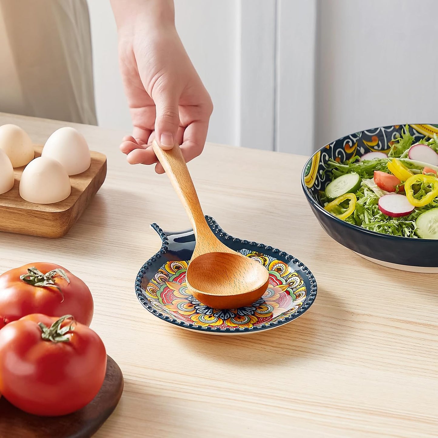7.7 Inch Painted Ceramic Spoon Rest Mandala Design Multi-Purpose Utensil Holder for Kitchen & Dining
