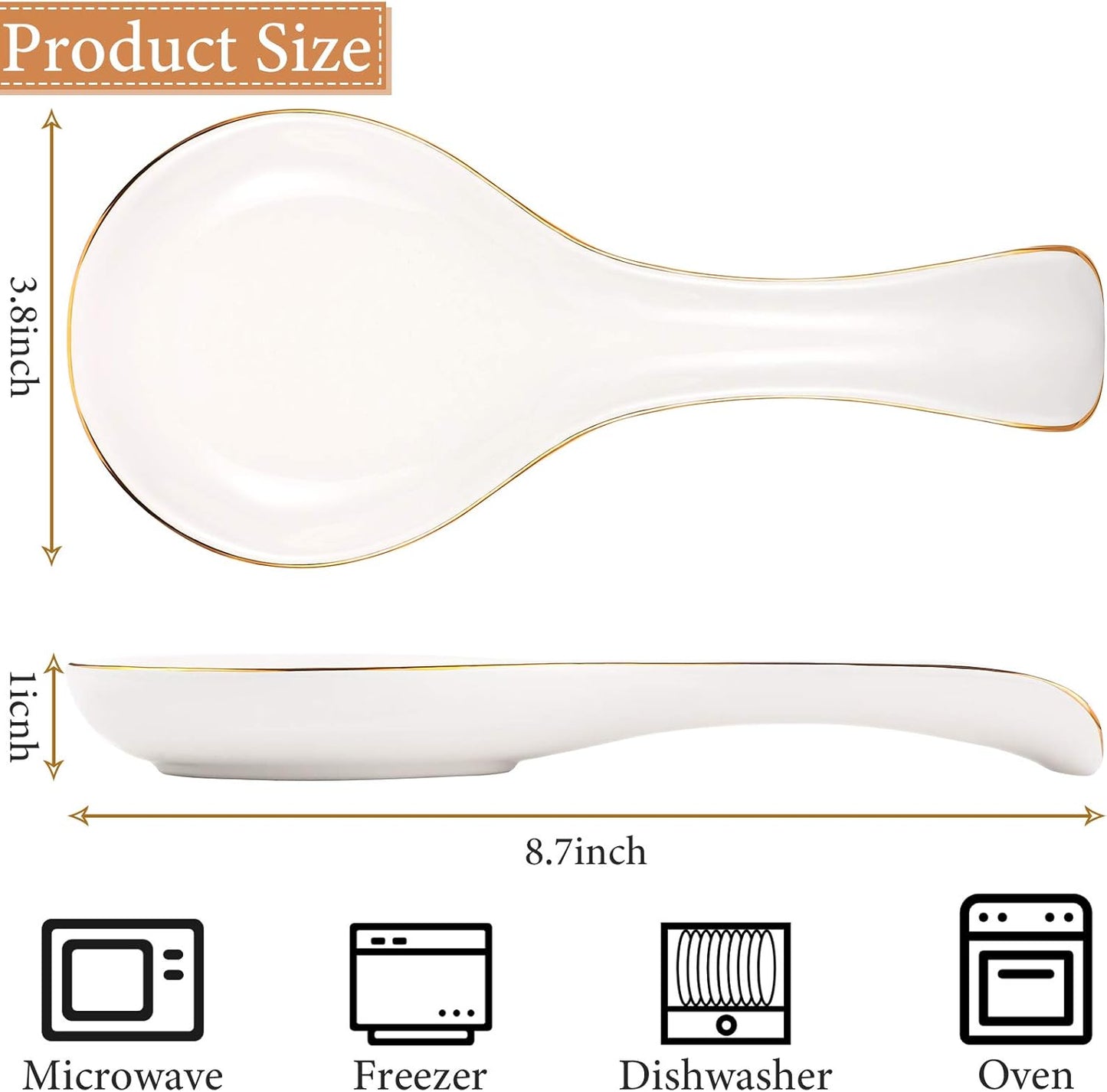 Long Ceramic Spoon Rest 8.7 Inch White with Gold Rim Utensil Holder Elegant Kitchen & Dining Tray