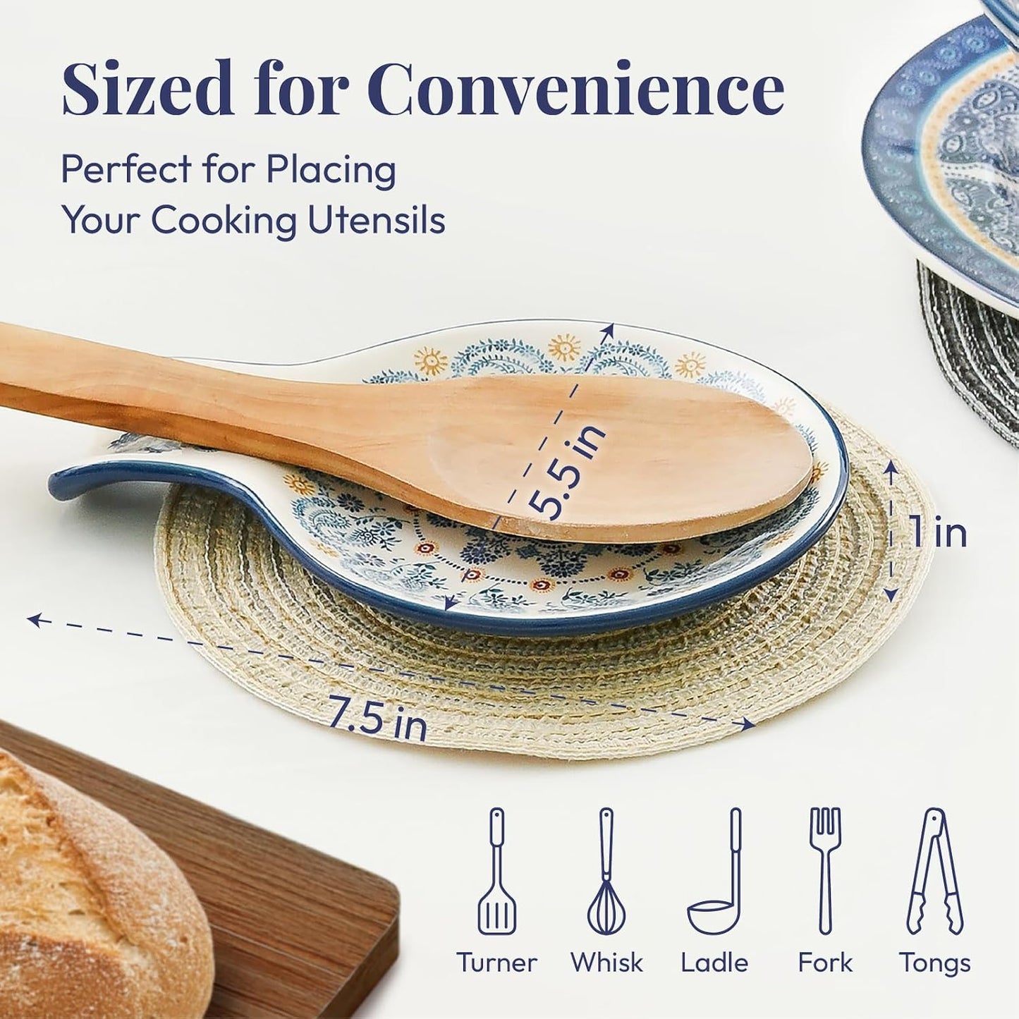 Ceramic Spoon Rest 7.5 Inch Hand-Painted Kitchen Utensil Holder Dish Microwave Oven Dishwasher Safe