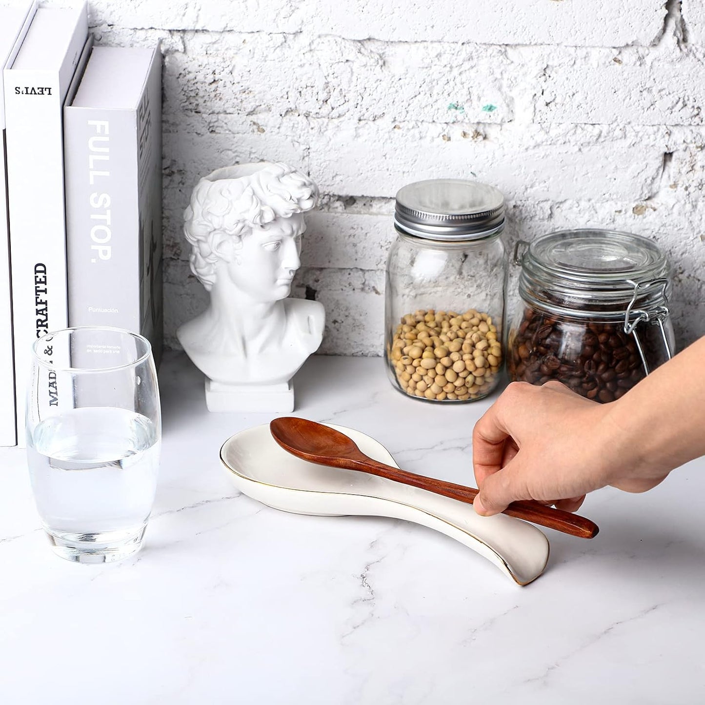 Long Ceramic Spoon Rest 8.7 Inch White with Gold Rim Utensil Holder Elegant Kitchen & Dining Tray