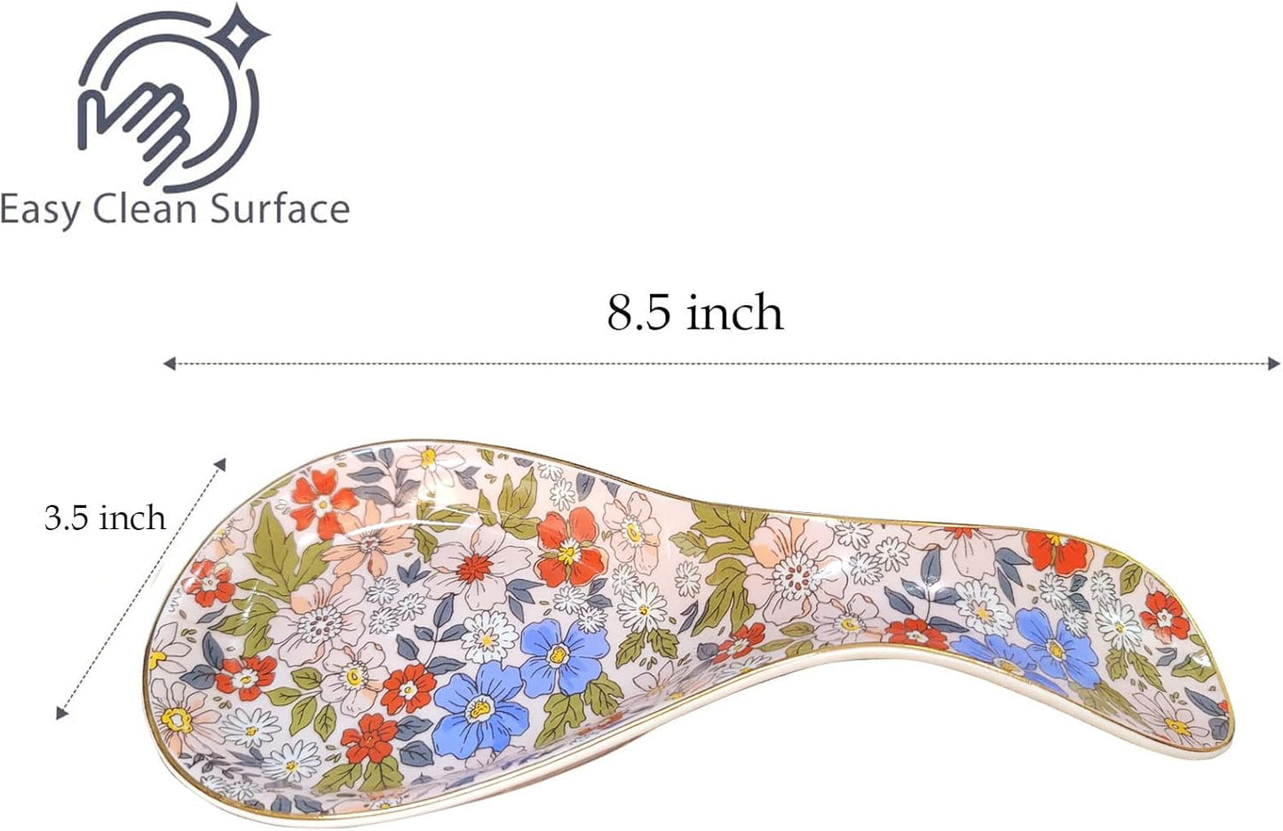 Floral Ceramic Spoon Rest 8.5 Inch Kitchen Utensil Holder Decorative Spoon Tray Easy Clean Microwave Oven Dishwasher Safe