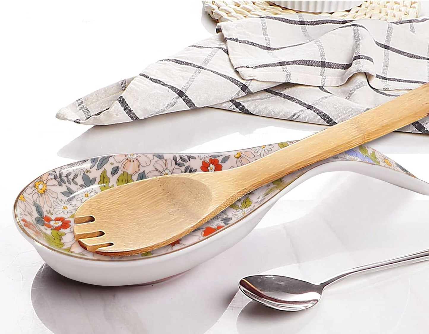 Floral Ceramic Spoon Rest 8.5 Inch Kitchen Utensil Holder Decorative Spoon Tray Easy Clean Microwave Oven Dishwasher Safe