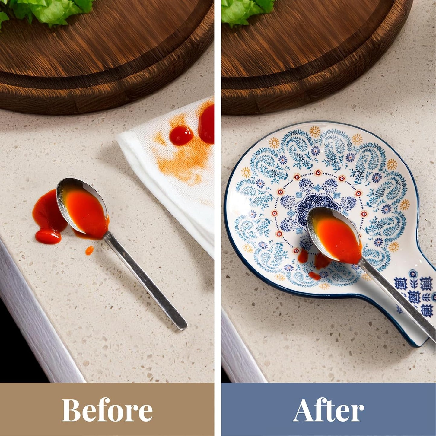 Ceramic Spoon Rest 7.5 Inch Hand-Painted Kitchen Utensil Holder Dish Microwave Oven Dishwasher Safe