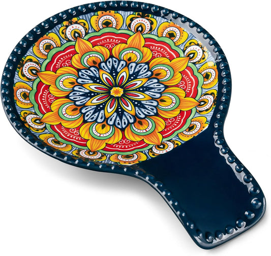 7.7 Inch Painted Ceramic Spoon Rest Mandala Design Multi-Purpose Utensil Holder for Kitchen & Dining