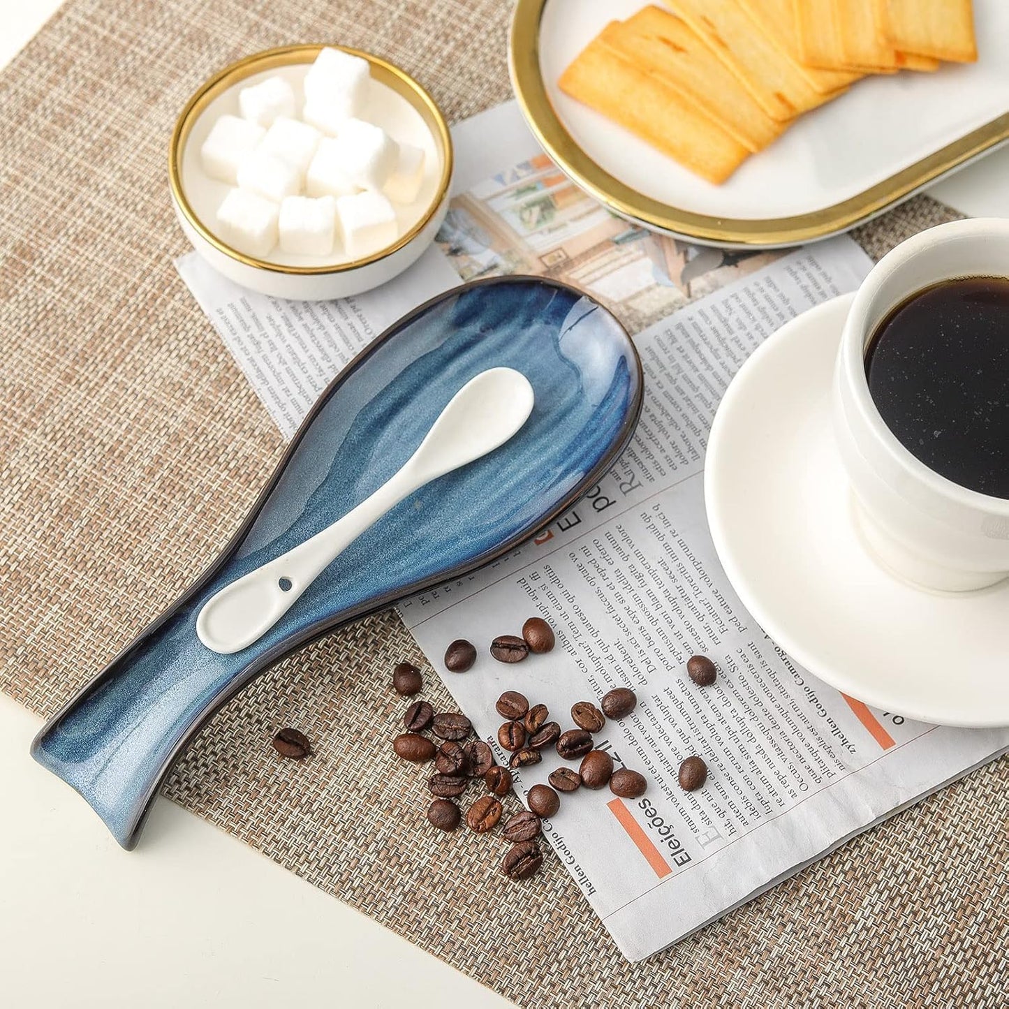 Long Ceramic Spoon Rest Kitchen and Table Utensil Holder Creative Spoon Tray for Cooking and Dining