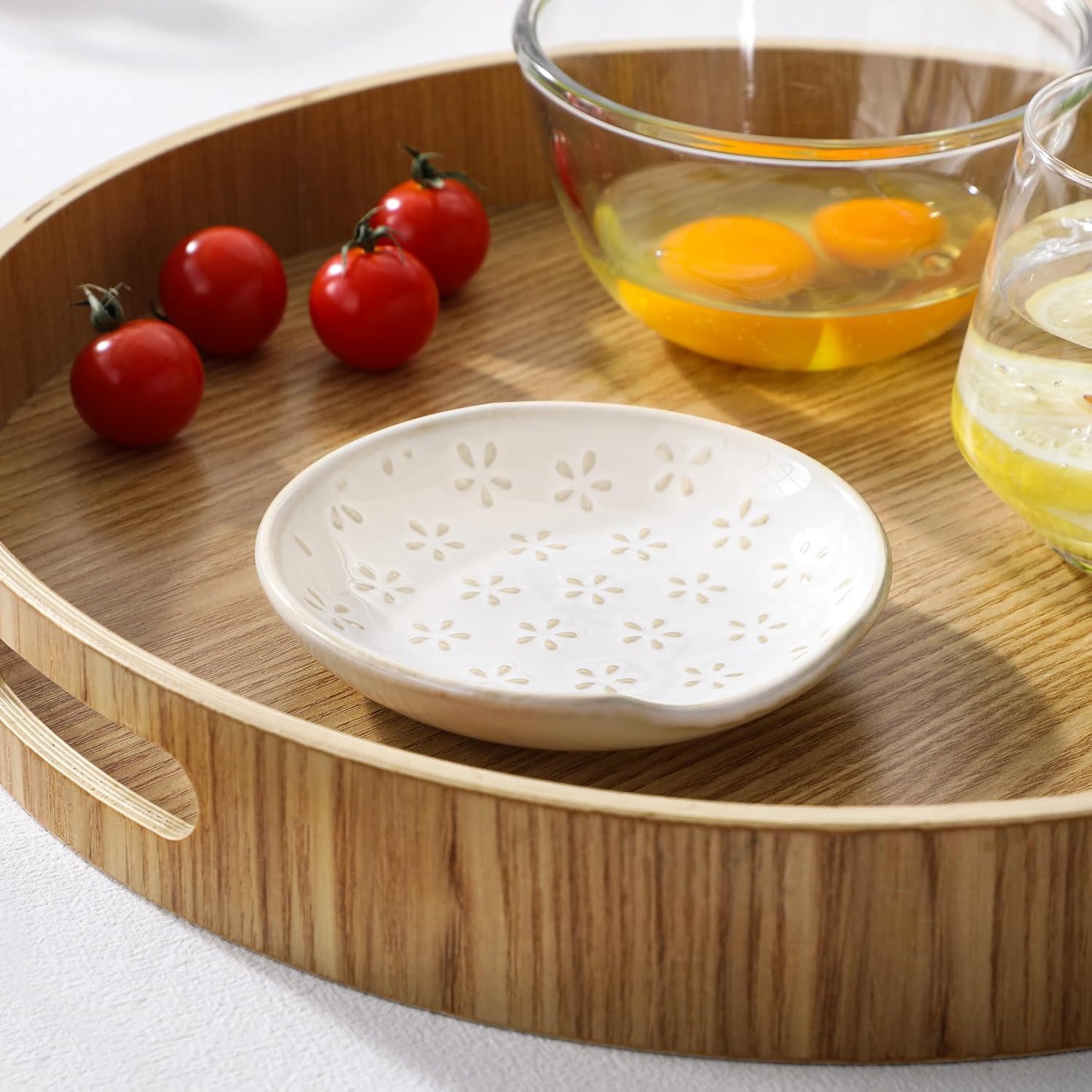 4.8 Inch Simple Floral Ceramic Spoon Rest Round Utensil Holder Multi-Purpose Kitchen & Table Dish