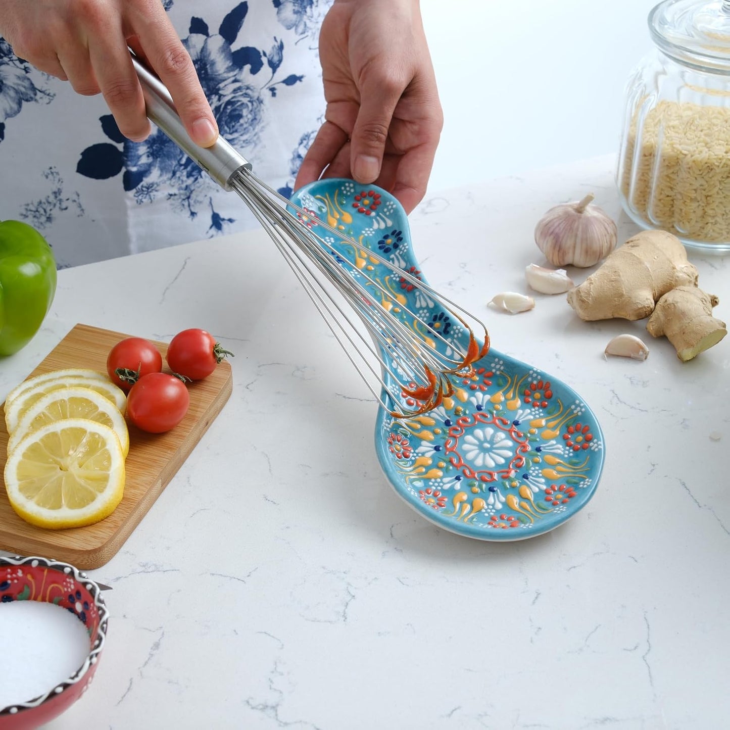 Handmade Ceramic Spoon Rest 10 Inch Colorful Kitchen Utensil Holder Painted Ceramic Tray Microwave Oven Dishwasher Safe