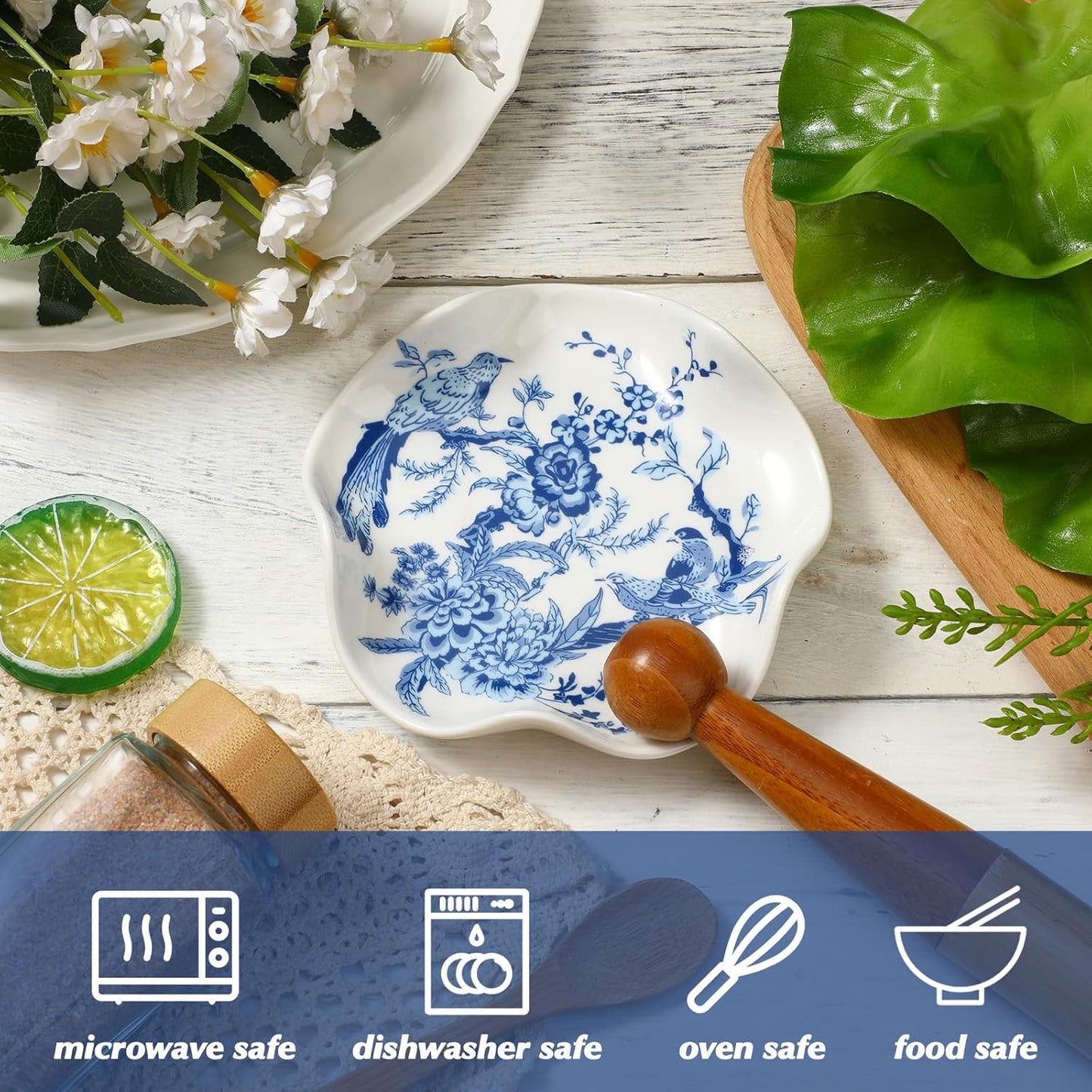 Blue and White Porcelain Ceramic Spoon Rest for Stove Top Elegant Utensil Holder for Kitchen Counter Cooking Spatula Rest Tableware Organizer
