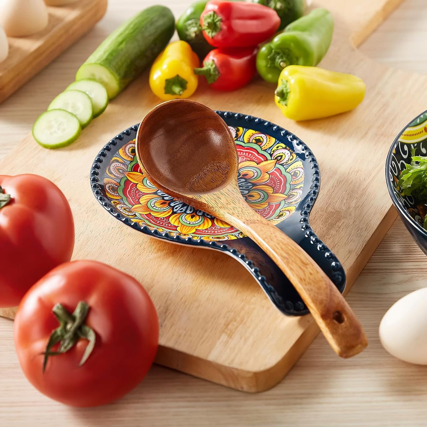 7.7 Inch Painted Ceramic Spoon Rest Mandala Design Multi-Purpose Utensil Holder for Kitchen & Dining