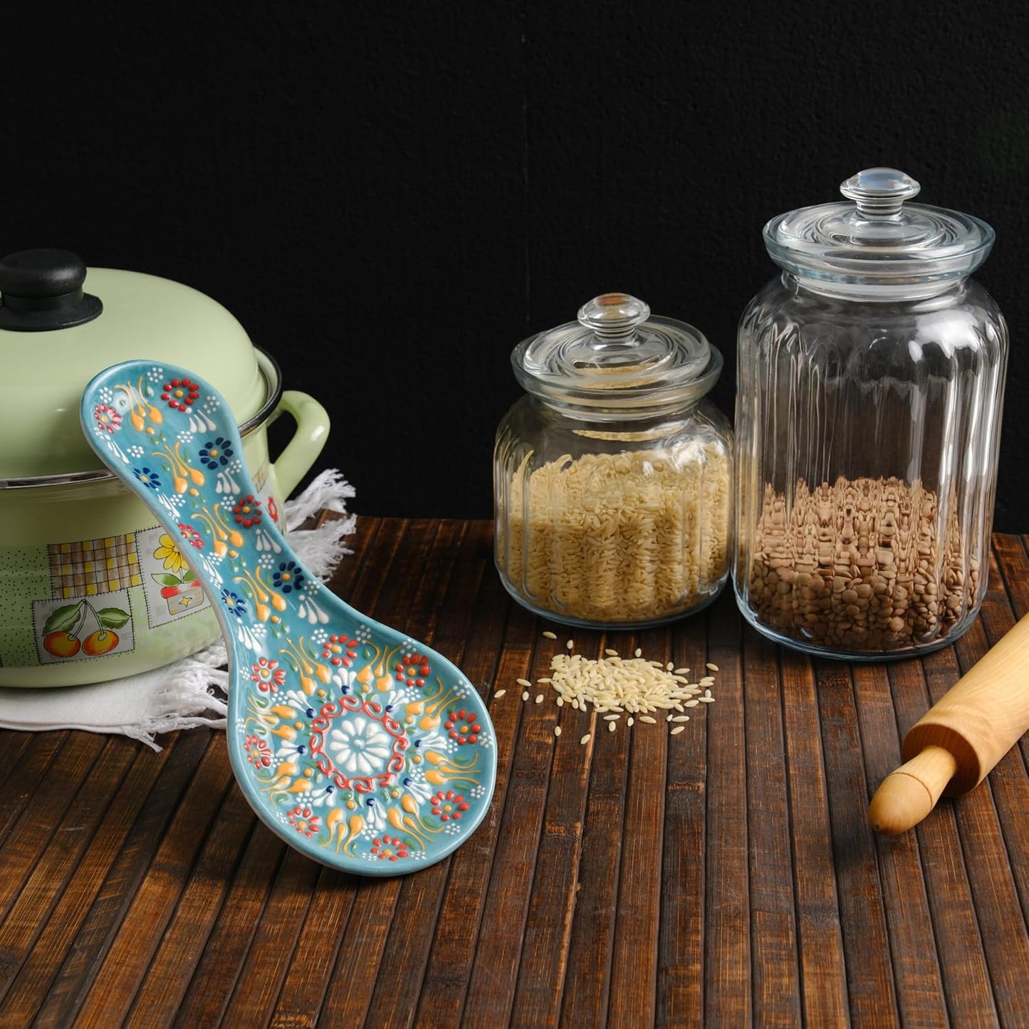 Handmade Ceramic Spoon Rest 10 Inch Colorful Kitchen Utensil Holder Painted Ceramic Tray Microwave Oven Dishwasher Safe